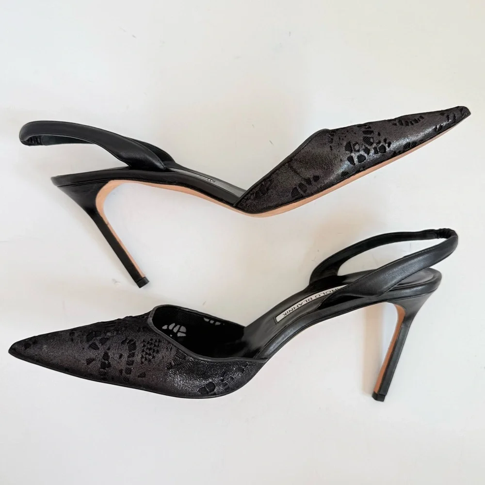 Manolo Blahnik Carolyne Slingback Pumps Black Metallic Jacquard laser cut EU 41